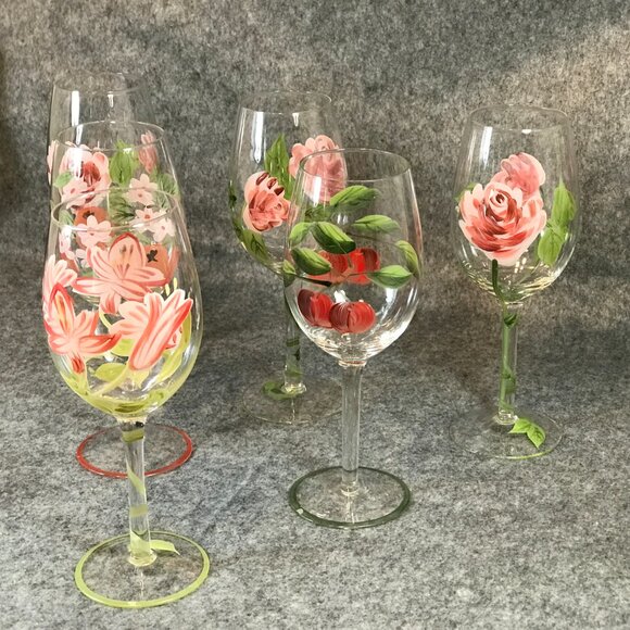 Wine Glasses Hand Blown Hand Painted Set of 6 - Picture 4 of 7